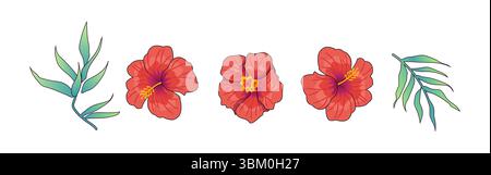 Lebendige digitale Illustration tropischer Blumen und Blätter in Rot und Grün. Dieses Kunstwerk bietet lebendige Farben und klare Linien, perfekt für Dekorationen oder Stock Vektor