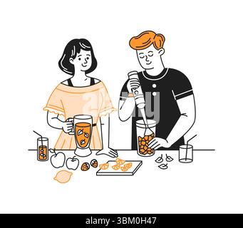 Illustration eines fröhlichen Paares, das frische Frucht-Smoothies zubereitet. Einer mischt Früchte, während der andere ein Glas hält. Schlichtes Design mit orangefarbenem Design gemäß Stock Vektor