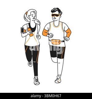Dynamischer Cartoon, der einen Mann und eine Frau beim Joggen zeigt. Beide tragen sportliche Kleidung. Der Hintergrund ist einfach und weiß, um ihre Bewegungen zu betonen Stock Vektor