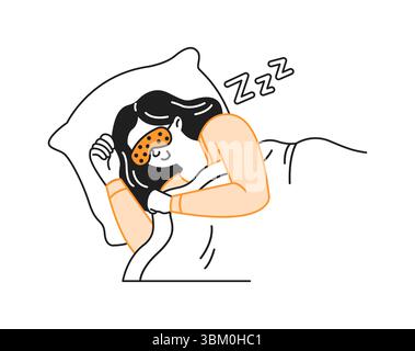 Cartoon-Illustration einer entspannten Frau, die friedlich mit einer Augenmaske schläft. Sie liegt auf einem weißen Kissen und wirkt friedlich. Die Szene ist Dep Stock Vektor