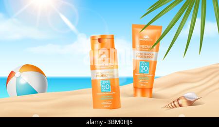 Illustration von Sonnenschutzflaschen am sonnigen Strand mit leuchtenden Farben. Perfekt zur Förderung von Hautpflege und Sonnenschutz. Helle, sommerliche Umgebung mit Stock Vektor