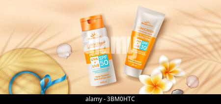 Sonnenschutzmittel auf Sandstrand Hintergrund. Betont den Sonnenschutz mit eleganten tropischen Akzenten. Geeignet für Sommer-Hautpflege-Angebote. Stock Vektor