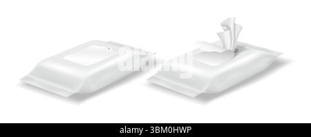 Realistische Darstellung von feuchten Tüchern in einer Verpackung. Weißes und sauberes Erscheinungsbild. Nützlich für Hygiene- und Reinigungswerbung und Produktdesign-Presen Stock Vektor