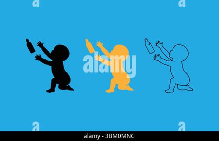 Set aus drei stilisierten Baby-Silhouetten, die nach Flaschen auf blauem Hintergrund greifen Stock Vektor