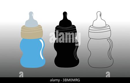 Set aus drei Babyflaschen mit verschiedenen Stilen auf Graustufen-Hintergrund Stock Vektor
