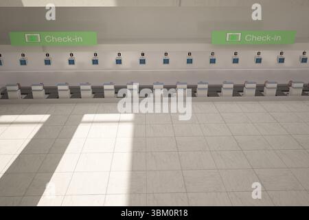 Nummerierte Check-in-Automaten sind in der flachen Flughafenhalle mit grünen Schildern zu sehen Stockfoto