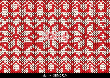 Das rot-weiße Strickmuster wiederholt sich in flachem Design mit Herz- und Schneeflockenmotiven Stockfoto