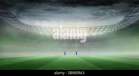 Rugby Torpfosten stehen auf einem nebligen Grünfeld in flachem Design, mit Flutlichtern und Dachgitter Stockfoto