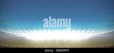 Flaches Design Stadion transparentes Dach und Flutlichter leuchten über den gestuften Sitzen unter blauem Himmel Stockfoto