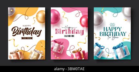 Lebhaftes Geburtstagsgruß-Clipart-Poster-Set mit Ballons, Konfetti und Geschenkbändern in drei einzigartigen Designs. Stock Vektor
