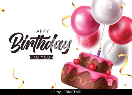 Eleganter Happy Birthday Gruß mit Ballons, Kuchen und Konfetti für eine besondere Feier. Happy Birthday Gruß Clipart Banner Design. Stock Vektor