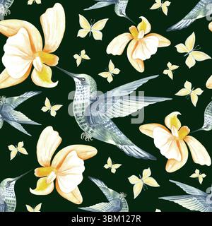 Fliegender Kolibri mit gelben Orchideenblüten und Schmetterlingen Aquarellillustration. Handgezeichnetes nahtloses Muster mit tropischer phalaenopsis und Vogel Stockfoto
