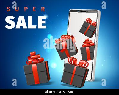 Smartphone mit Weihnachtsgeschenkboxen, die aus dem Bildschirm fliegen. Großes Angebot. Präsenzbonus. 3D-Telefonbildschirm. Hintergrund der Werbekampagne. Online-Shopping. Stock Vektor