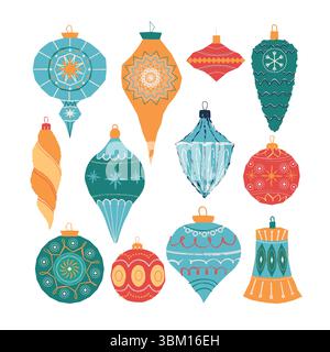 Set mit Vintage-Weihnachtsschmuck. Handgezeichnete Weihnachtskugeln in verschiedenen Formen, Farben und Mustern. Festliche Retro-Dekorationen im flachen Cartoon-Stil Stock Vektor