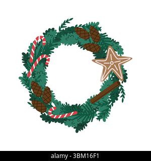 Weihnachtskranz Illustration. Handgezeichnete Tannenzweige mit Zuckerstangen, Tannenzapfen, Zimtstab und Lebkuchenstern. Festliche Feiertagsdekoration Stock Vektor