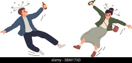 Betrunkene Mann und Frau verlieren ihr Gleichgewicht und fallen von Schwindel, die mit Alkoholvergiftung verbunden sind. Zitternde Menschen stolpern. Alkoholsucht. C Stock Vektor