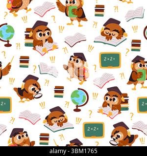 Cartoon-Charakterwissenschaftler Eule mit Brille und Büchern. Nahtlose Schulbildung. Wiederholter Druck. Lupe. Globus und Klasse Chalkboar Stock Vektor