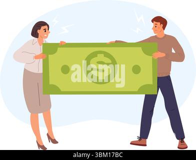 Wütende Ehemann und Frau ziehen Papiergeld in verschiedene Richtungen. Ein Paar teilt das Familienbudget auf. Trennung der Finanzen. Kampf um große Banknoten. Man und Stock Vektor