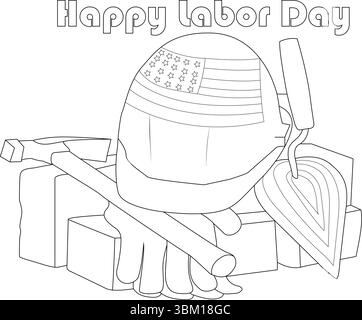 Schwarz-weiße Strichgrafik-Illustration, die den Happy Labor Day feiert. Das Bild zeigt gemeinsame Bau- und Bauwerkzeuge, die zusammen angeordnet sind, einschließlich Stock Vektor