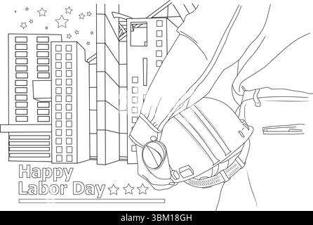 Schwarz-weiße Strichgrafik, die einen Bauarbeiter mit Schutzhelm vor dem Hintergrund von Stadtgebäuden und Sternen zeigt. Der Text Stock Vektor