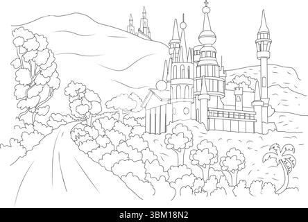 Eine schwarz-weiße Strichgrafik, die ein fantastisches Schloss oder einen aufwendigen architektonischen Komplex darstellt, der hoch auf einem Hügel innerhalb eines detaillierten A liegt Stock Vektor