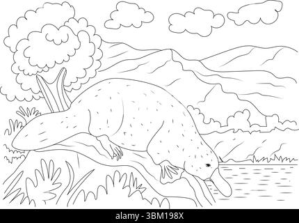 Detaillierte schwarz-weiße Umrissillustration mit einem Platypus Trinkwasser aus einem ruhigen Fluss. Die Szene umfasst eine natürliche Landschaft mit rolli Stock Vektor