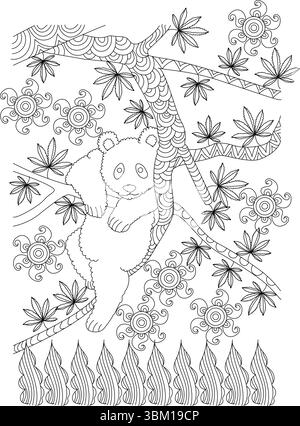 Detaillierte schwarz-weiße Strichgrafik-Illustration mit einem faulen Pandabären, der bequem auf einem gemusterten Baumzweig sitzt und auf dem er liegt. Der Hintergrund Stock Vektor
