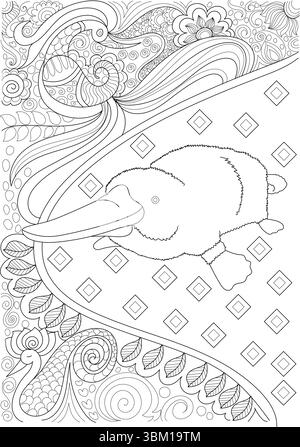 Diese detaillierte Schwarzweiß-Illustration dient als Ausmalseite für Entspannung und Kreativität. Es zeigt ein niedliches, stilisiertes Tier, ähnlich Stock Vektor