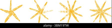 Sternzeichnung mit Buntstift. Gelbes Kritzelkreide-Sternsymbol. Handgezeichnetes kindliches Pastelldesign. Buntstift-Textur glänzt. Symbol für Bleistiftskizze Stock Vektor