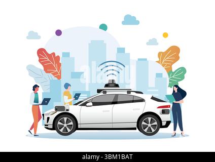 Entwickler mit selbstfahrendem Auto. Künstliche Intelligenz für autonomes Fahrzeug mit GPS. Vektorabbildung Stock Vektor