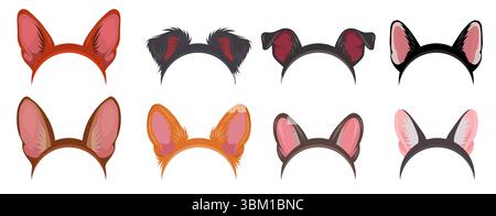 Vektor-Satz Haarbänder mit Hundeohren Clipart in Zeichentrickstil isoliert auf Hintergrund. Sammlung von Zubehör mit Hundeohren verschiedener Rassen Stock Vektor