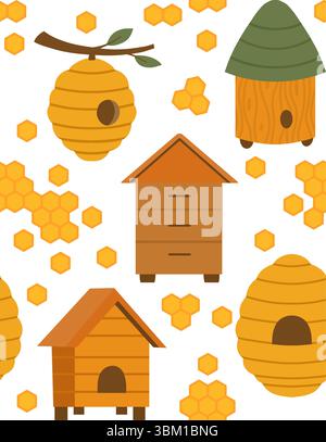 Nahtloses Muster für die Vektorimpfung. Textur mit Häusern für Bienen, Bienenstöcke, Bienenwaben auf weißem Hintergrund für Tapeten, Stoff Stock Vektor