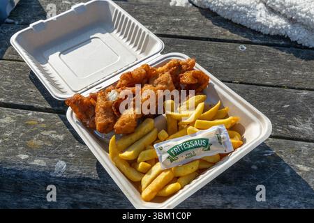 Fish and Chips in einem Take-out-Behälter mit Fritessaus auf einer Holzoberfläche, bereit, um im Freien genossen zu werden. Katwijk aan Zee, Niederlande. 2. Mai 2025. Stockfoto