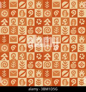 Abstrakte Tribal-Symbole nahtloses Muster: Erdiges geometrisches Raster mit primitiven Symbolen für kulturelle und dekorative Designs Stockfoto