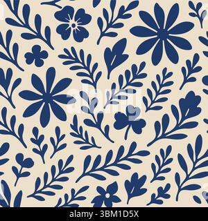Elegantes marineblaues minimalistisches nahtloses Blumenmuster: Botanische Silhouetten auf Beige, perfekt für modernes Textil- und Tapetendesign Stockfoto