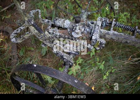 Eine alte, verrostete Maschine mit einem schwarzen Rad und einem grauen Griff. Das Rad ist mit Moos bedeckt und der Griff ist mit Schmutz bedeckt. Szene ist eins o Stockfoto