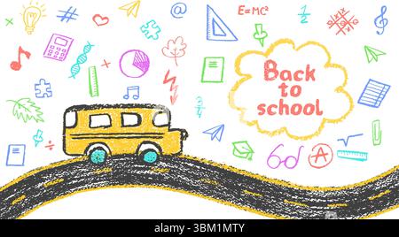 Back-to-School-Artikel-Schild mit Schnitzel-Titel und Kindergartenartikel für Kinder im Grunge-Design. Ein gelber Bus auf einer gekrümmten Straße. Farbenfroher Vektor Stock Vektor