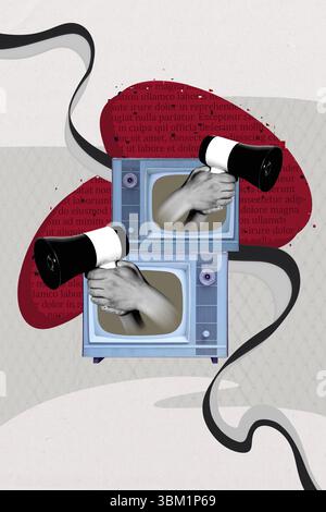Trendvorlage Skizzendesign 3D Foto Collage der veralteten Technologie tv-Propaganda kündigen Aufmerksamkeit Hand halten Megaphon Einfluss Stockfoto
