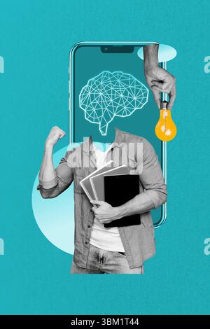 Zine kreative vertikale Foto-Collage des anonymen Mannes statt Kopf Gehirn Organ gpt Chat ai App Glühbirne Plan Suche Telefon Gerät Stockfoto