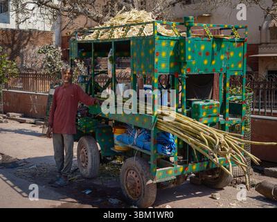 Indien, Varanasi, 14. März 2025. Lokaler Händler mit bunt dekoriertem Wagen, der frisches Zuckerrohr auf einer sonnigen Straße in Varanasi, Indien, verkauft Stockfoto