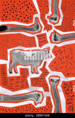 Trend Composite Skizzenvorlage 3D Foto Collage von Aufkleber Silhouette Kuh Tier Säugetier Hörner Kopf Strauß Vogel Safari Savanne Wildtiere Stockfoto