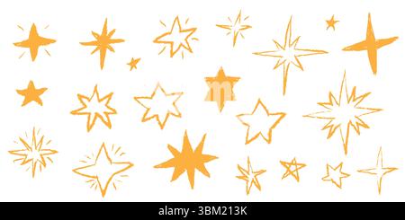 Handgezeichnete Pastellsterne mit Buntstift und Kreide-Textur. Niedliches Icon-Muster mit Bleistiftlinien und Markierungslinien. Vektor-Funkeln-Elemente Stock Vektor