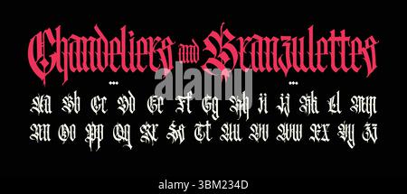 Modernes gotisches, vollständiges englisches Alphabet. Vektor. Lateinische Buchstaben in Mittelbuchstaben und Großbuchstaben. Zeichen und Symbole für Design. Antiker europäischer Stil. Ca Stock Vektor