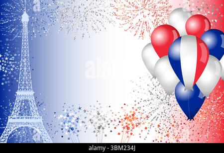 Feiertagshintergrund mit glänzendem Feuerwerk, realistischen 3D-Ballons und Kopierraum. Bannervorlage mit festlichen abstrakten Elementen. Nationalfeiertag Stock Vektor