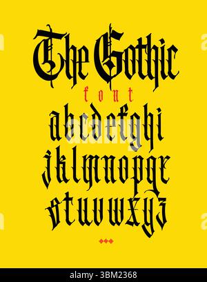 Modernes gotisches, vollständiges englisches Alphabet. Vektor. Lateinische Buchstaben in Mittelbuchstaben und Großbuchstaben. Zeichen und Symbole für Design. Antiker europäischer Stil. Ca Stock Vektor