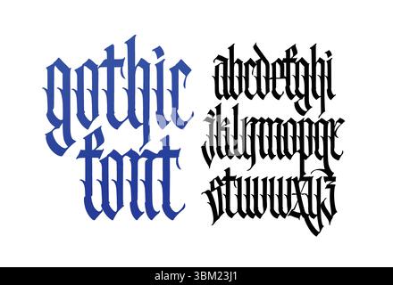 Lateinisches Alphabet im gotischen Stil. Vektor. Kalligraphie und Schriftzüge. Mittelalterliche lateinische Buchstaben. Elegante Schriftart für Tätowierungen. Alle Buchstaben sind getrennt. Stock Vektor
