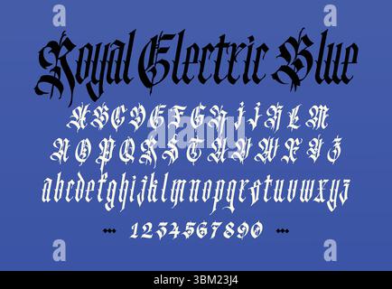 Modernes gotisches, vollständiges englisches Alphabet. Vektor. Lateinische Buchstaben in Mittelbuchstaben und Großbuchstaben. Zeichen und Symbole für Design. Antiker europäischer Stil. Ca Stock Vektor