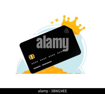 Abbildung einer Kredit- oder Debitkarte mit Krone. Vektor. Eine Bankkarte mit einem Haufen Münzen. Flacher STYLE. Ein Bild für eine Website und einen Designprofi Stock Vektor