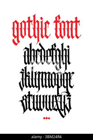 Lateinisches Alphabet im gotischen Stil. Vektor. Kalligraphie und Schriftzüge. Mittelalterliche lateinische Buchstaben. Elegante Schriftart für Tätowierungen. Alle Buchstaben sind getrennt. Stock Vektor