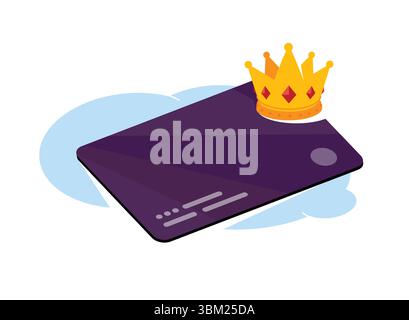 Abbildung einer Kredit- oder Debitkarte mit goldener Krone. Vektor. Die Bankkarte ist lila. Flacher STYLE. Ein Bild für eine Banking-Website und ein Design Stock Vektor